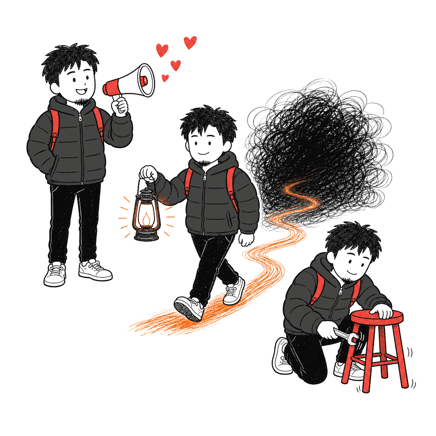 Three figures: one with a megaphone, one carrying a lantern into fog, one fixing a stool with a wrench