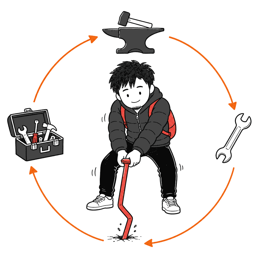 A circular loop: pulling a bent red nail from the ground, an anvil, a wrench, and a full toolbox
