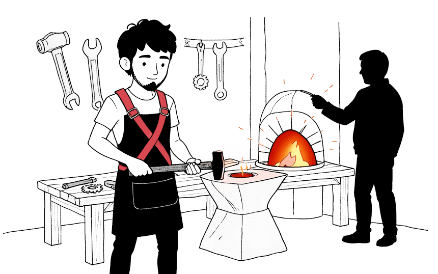 小J as a blacksmith at his workbench, forging tools for others at the anvil