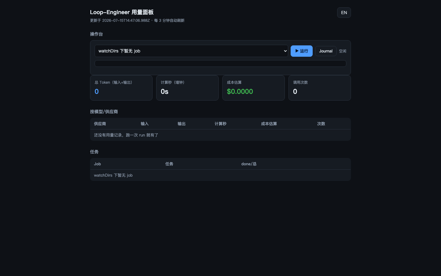 loop-engineer 操作台：选 job、运行、实时进度、用量与任务